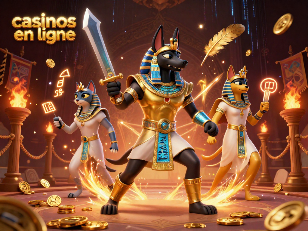 Plongez dans l'univers des casinos en ligne avec une illustration 3D captivante d'Anubis et Bastet.