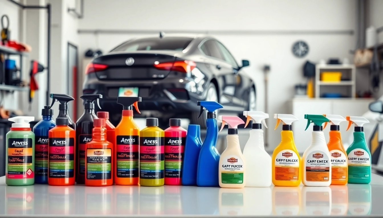 Showcase of Vancouver car detailing products on a clean workbench in a modern garage.