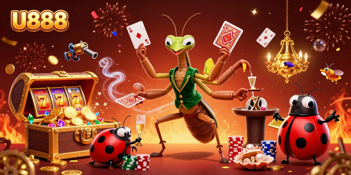 Experience U888's dynamic gameplay with vibrant characters and casino elements in this energetic digital artwork.