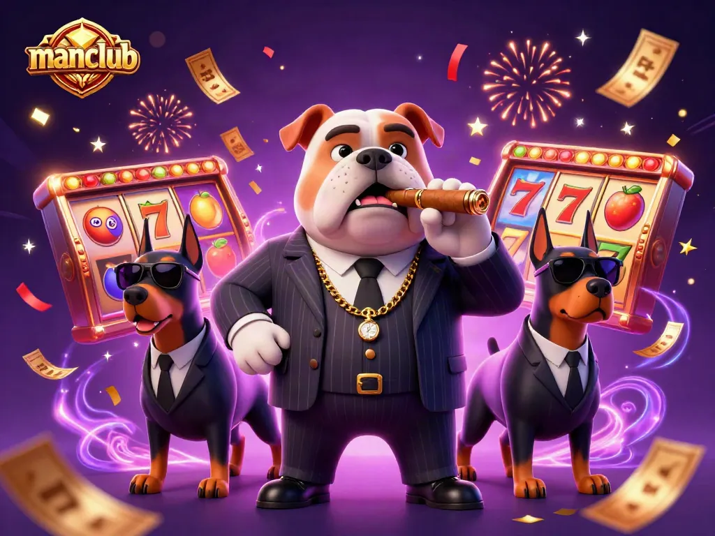Join the excitement at Manclub with a dynamic casino scene featuring a bulldog, two Dobermans, and colorful slot elements.