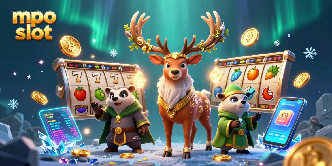 Engage in mpo slot gaming with a vibrant illustration of mystical characters exploring the casino landscape.
