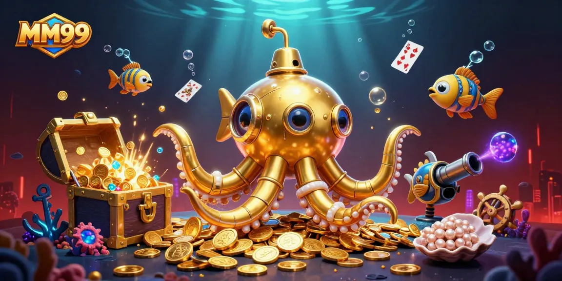 Experience the thrilling MM99 casino action with vibrant underwater treasure in a 3D illustration.