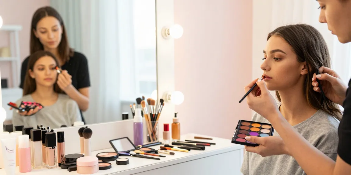 Trucco personalizzato durante una consulenza di bellezza in studio, con un makeup artist che applica colori vibranti al cliente.