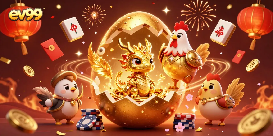 Engage with ev99's thrilling casino scene featuring a baby dragon and golden poker chips.