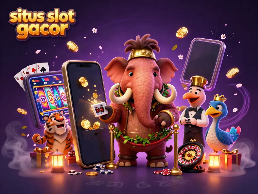 Karakter besar dalam ilustrasi kasino situs slot gacor yang meriah dan penuh detail.