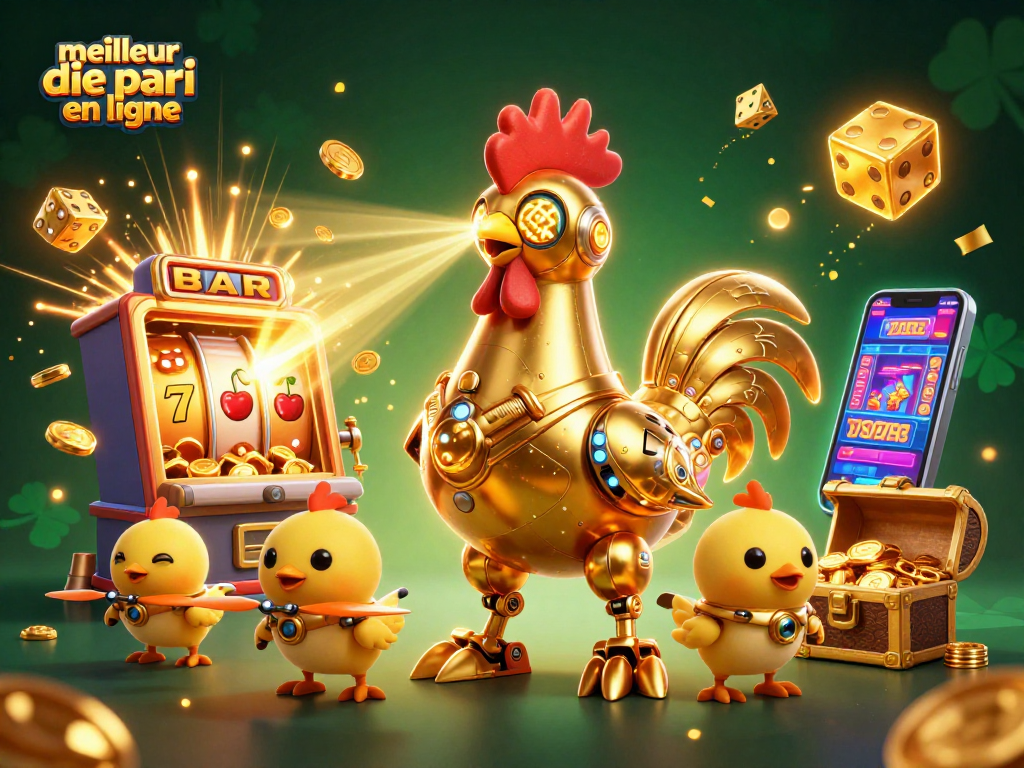 Pariez sur le meilleur site de pari en ligne avec cette illustration dynamique d'un robot coq et des éléments de jeu palpitants.