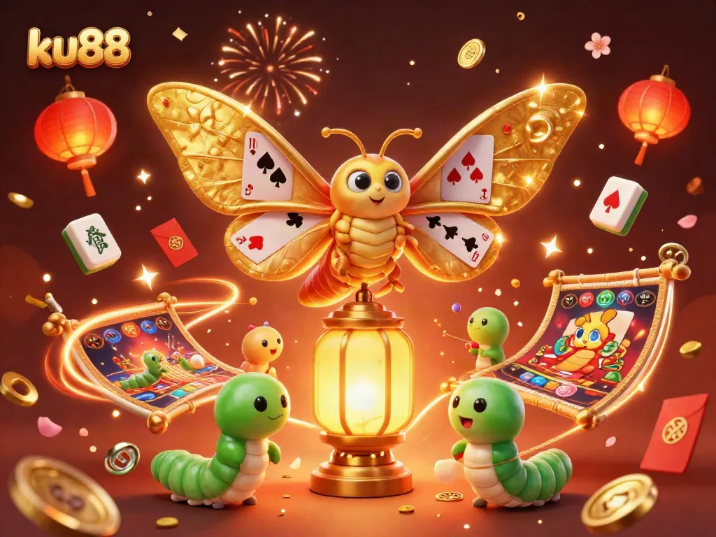 Join the fun at ku88 with golden wings, vibrant casino elements, and festive atmosphere in this exciting illustration.