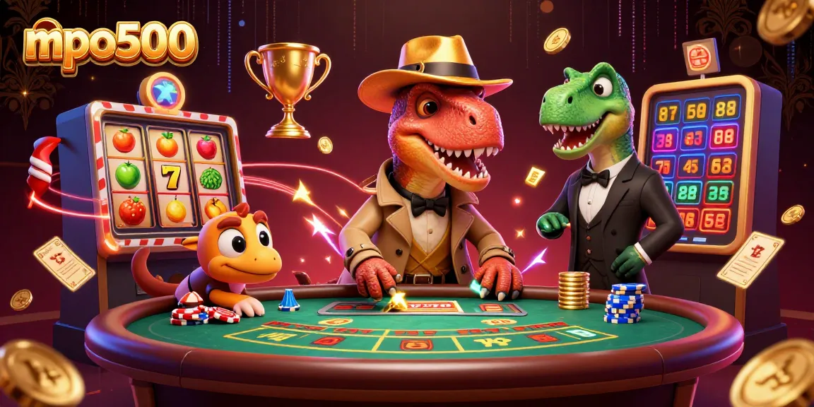 Experience thrilling action with MPO500 in this vibrant gaming scene featuring slots and characters amidst excitement.