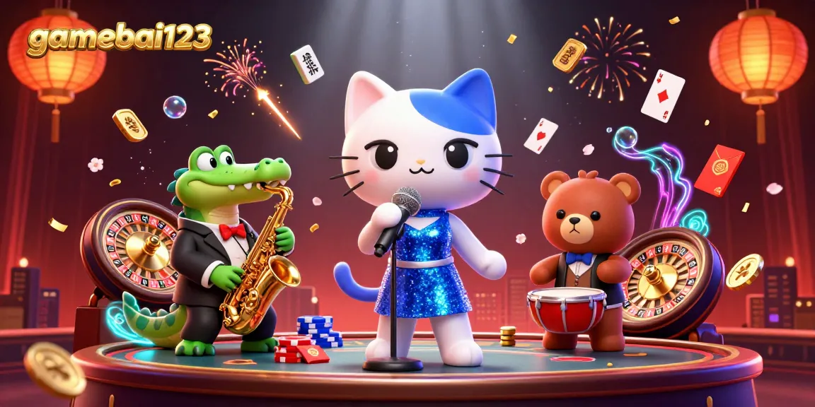 Experience the excitement of gamebai123 with a vibrant 3D casino scene featuring interactive characters and rich details.