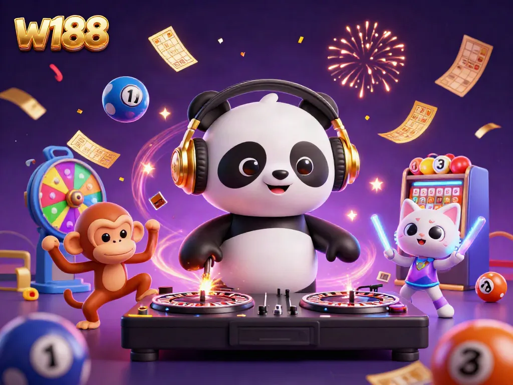 Experience excitement with the DJ panda spinning at w188 casino, surrounded by vibrant gaming elements.