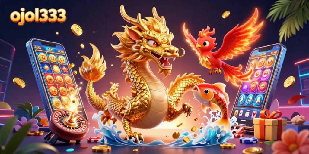 Watch the fierce golden dragon, phoenix, and koi fish as they celebrate ojol333's gaming victory amidst coins and slot reels.