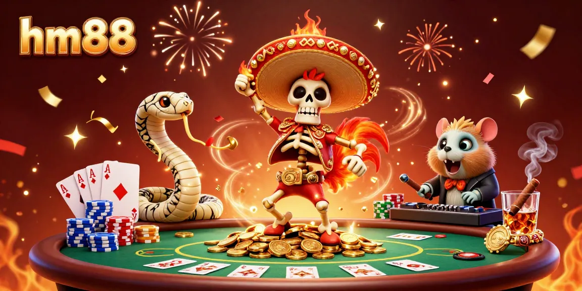 Experience the excitement of hm88 with a vibrant victory dance of characters surrounded by poker elements and gold coins.