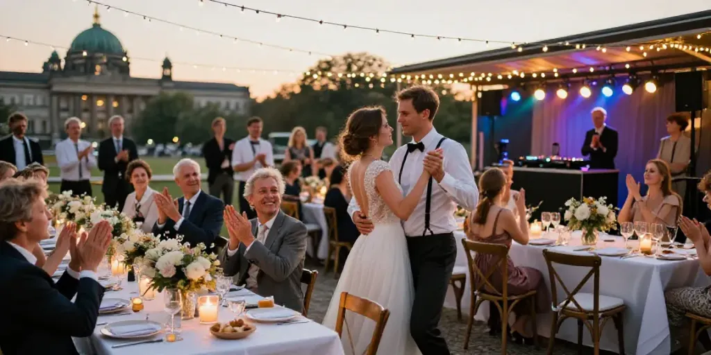 hochzeit DJ berlin brandenburg wedding reception atmosphere with dancing couple and joyful guests