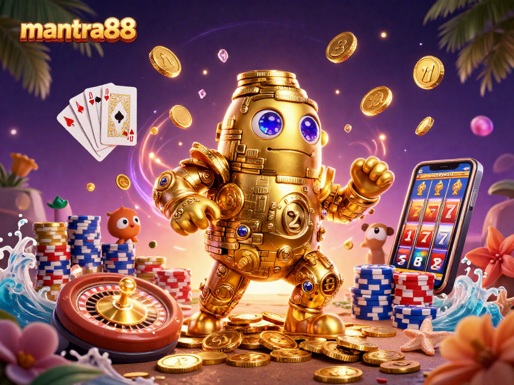 Engage with mantra88's immersive gaming experience featuring a golden golem, cascading coins, and vibrant gaming elements.