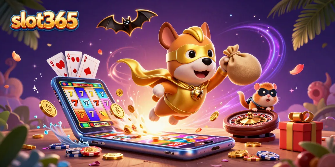 Play exciting slot365 games with our superhero dog and hamster duo in a dynamic casino scene.