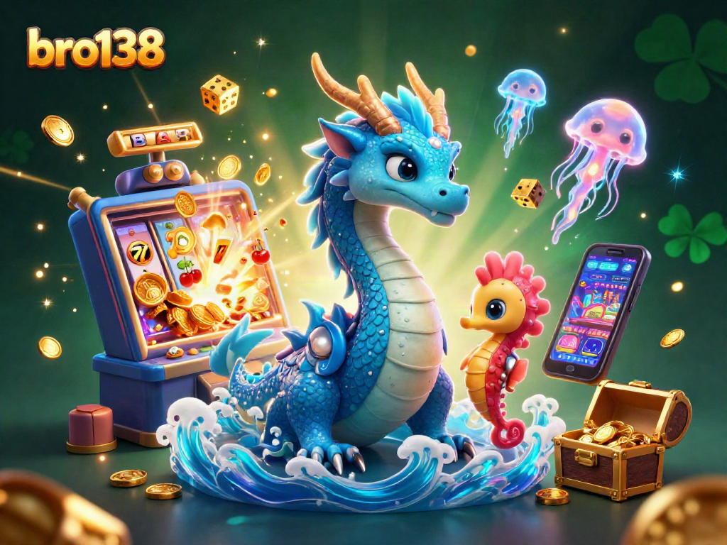 Experience thrilling wins with bro138 in a dynamic casino adventure featuring a water dragon and slot machine.