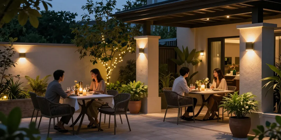 Aplica LED exterior modernă iluminând o terasă elegantă în grădină, creând o atmosferă primitoare.
