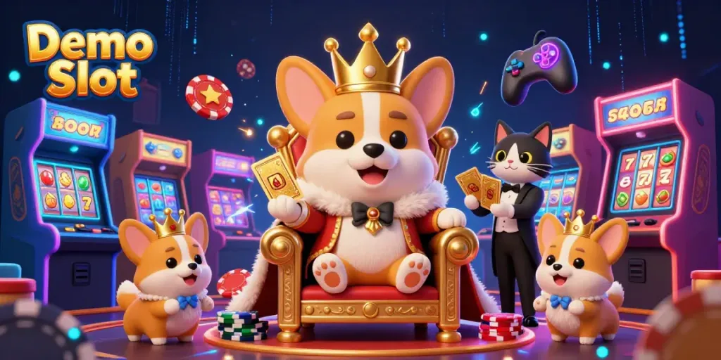 Engage with Demo Slot in this vibrant, ultra-detailed casino scene showcasing unique characters and gaming elements.