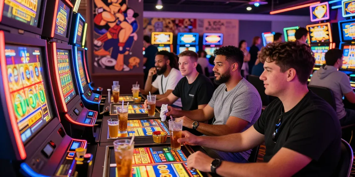 Exciting gaming scene with friends playing เกมสล็อต at colorful slot machines in a vibrant casino atmosphere.