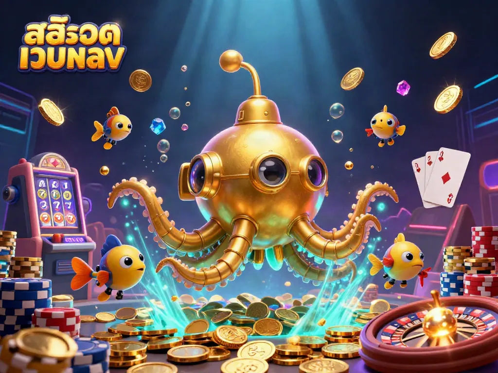 Experience the thrilling slot machine action in a stunning สล็อตเว็บตรง gaming scene with a golden kraken and treasures.