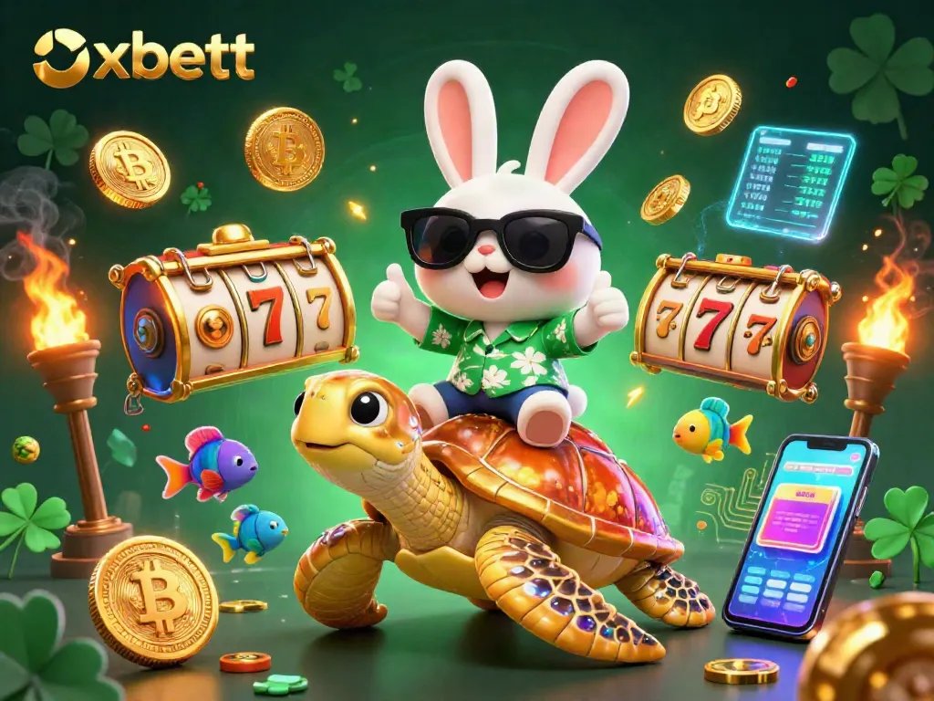 Experience the vibrant luck of oxbett with a dynamic lucky rabbit and golden turtle in an engaging casino scene.