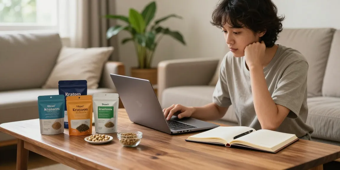 Researching trusted kratom brands with products in a cozy living room setting.