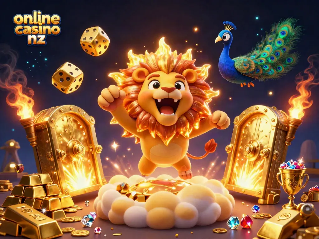 Experience the thrill of online casino nz with a vibrant 3D rendering showcasing a majestic lion and golden dice.