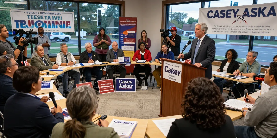 Casey Askar addressing engaged citizens at a town hall meeting, emphasizing community values and political engagement.