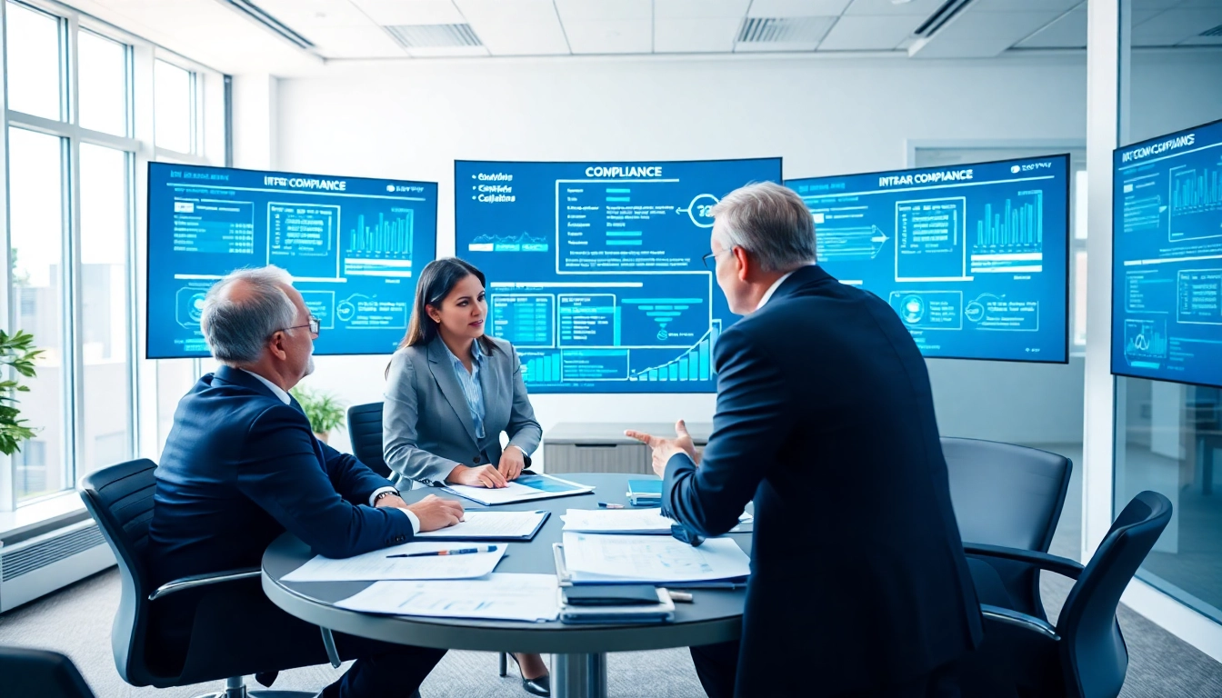 Experts collaborating on ITAR/EAR compliance in a modern office setting, showcasing professionalism.