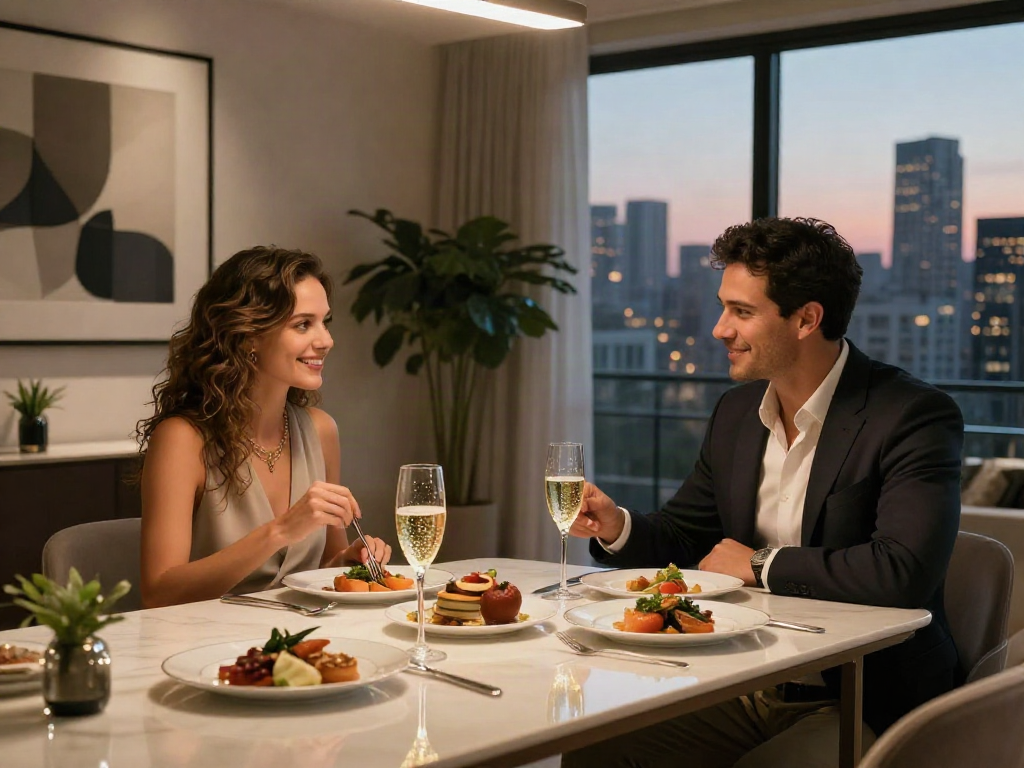Momen mewah pasangan menikmati makan malam di apartemen urban dengan tema luxury111.