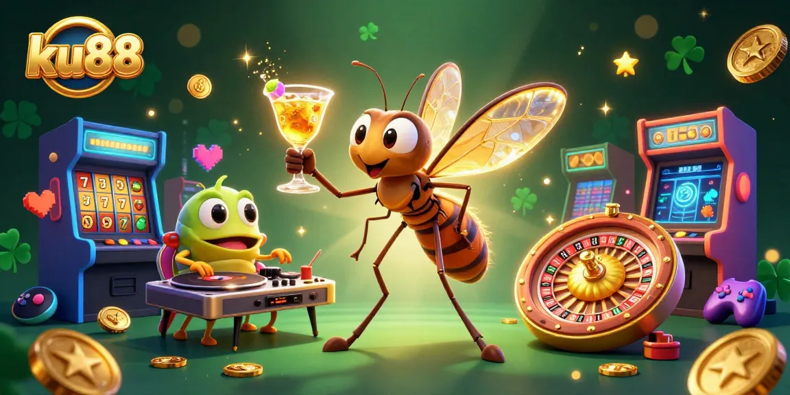 Engage with ku88's vibrant casino scene featuring whimsical characters, a golden roulette wheel, and arcade elements.