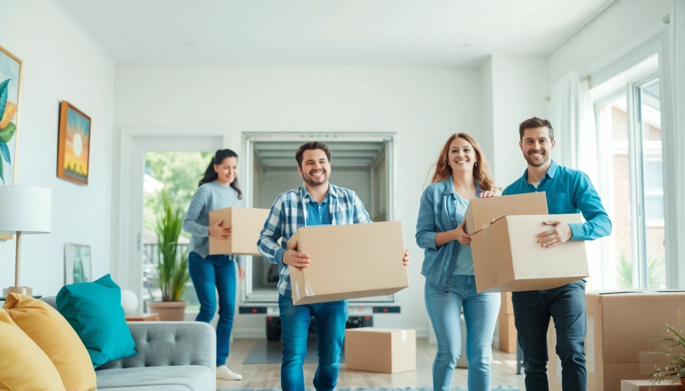 Family using Residential Moving Services with professional movers handling furniture and boxes.