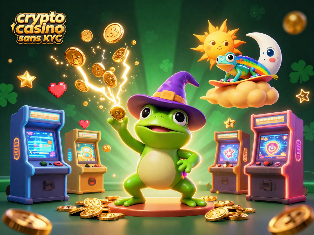 Jouez dans un crypto casino sans KYC avec la grenouille magicienne et le caméléon sur un nuage doré.