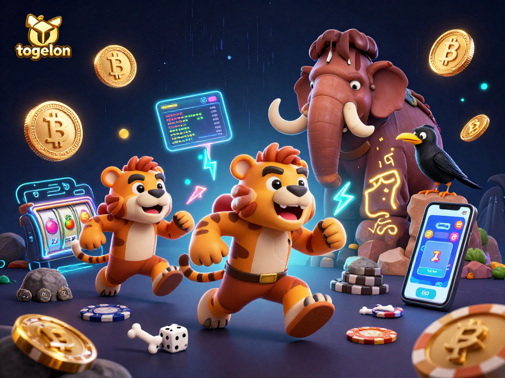 Engage in exciting togelon casino action with a caveman duo and neon crypto elements.