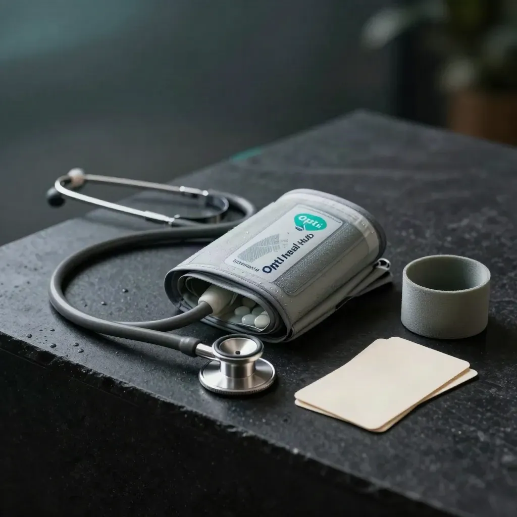 Telehealth recovery toolkit with blood-pressure cuff, stethoscope, pill organizer and band on dark stone.