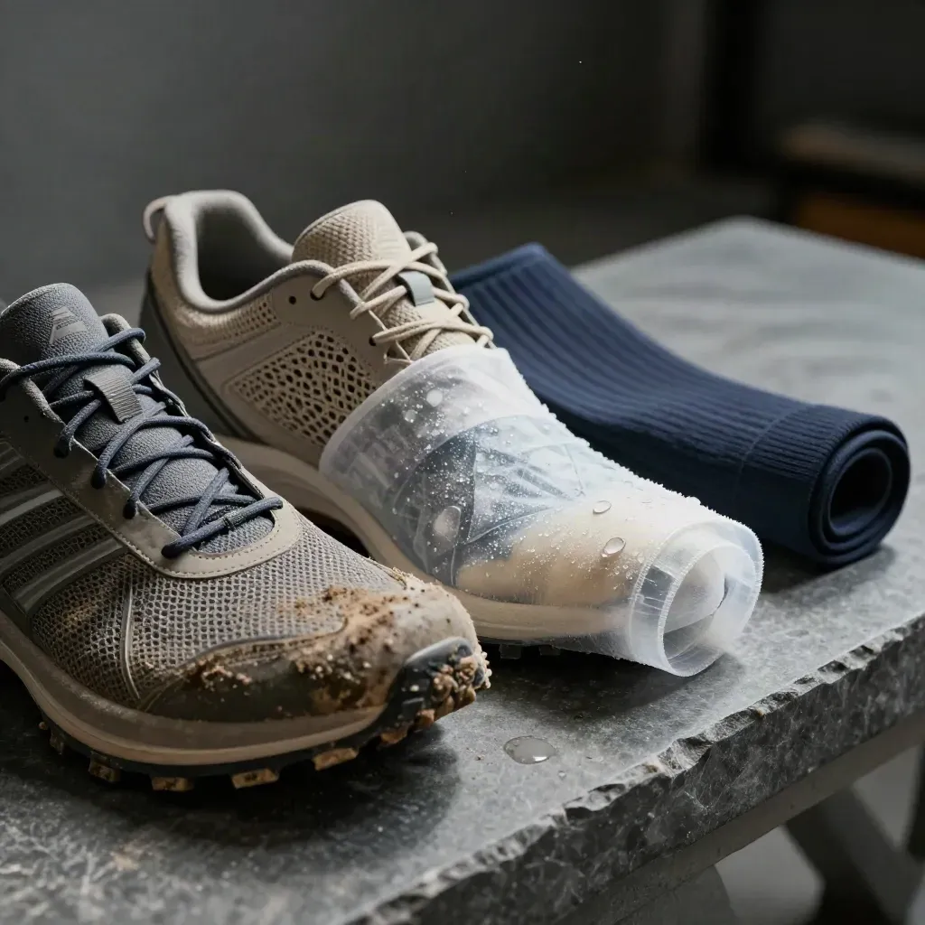 Trail shoes, compression sleeve, and gel ice wrap on graphite stone in soft rehab light