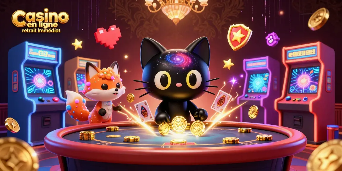 Pour un casino en ligne retrait immédiat, profitez d'une scène dynamique avec un chat noir et un renard nébuleux autour d'une table de casino.