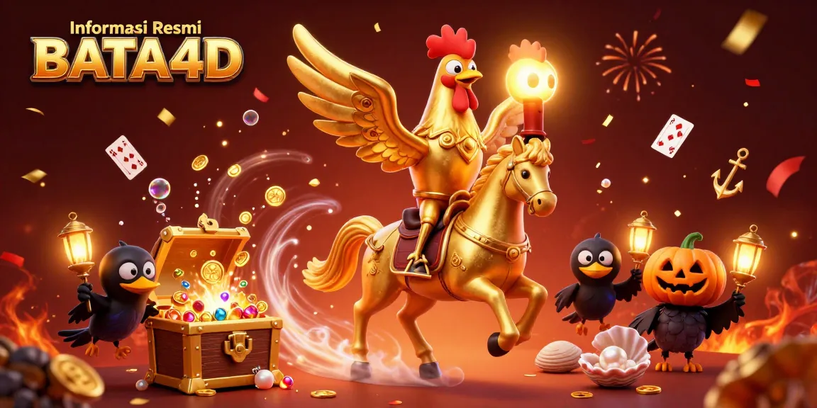Experience the thrill of Informasi Resmi BATA4D as a golden rooster mascot navigates a vibrant casino.