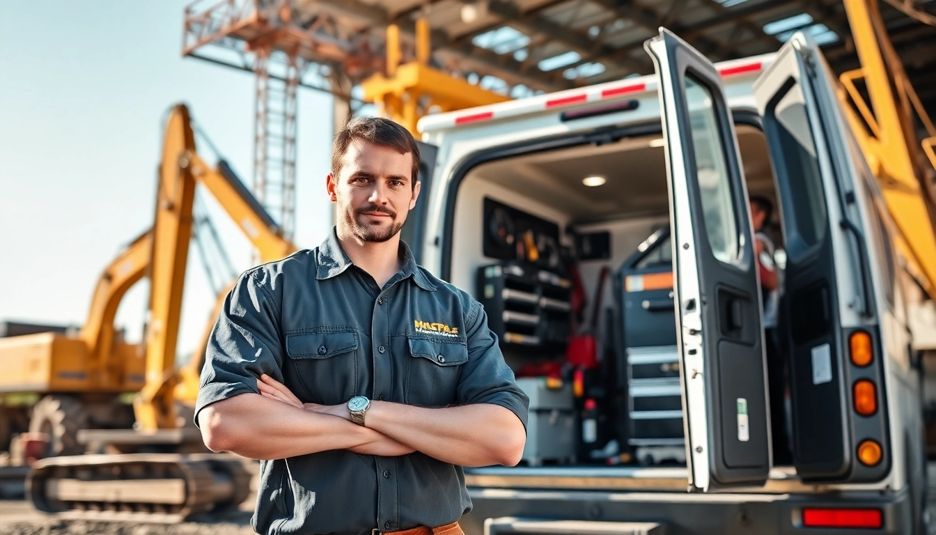Mobile equipment service technician efficiently repairing equipment on-site at a construction location.