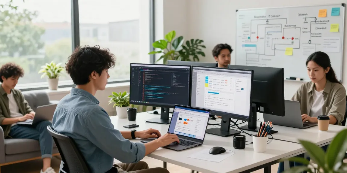 Dynamic software development team collaborating on custom CRM development services in a modern workspace.
