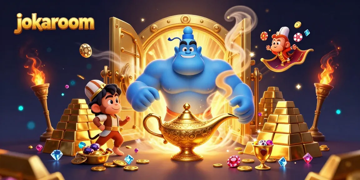 Engage with jokaroom's exciting baccarat experience, featuring a captivating genie and vibrant casino elements.