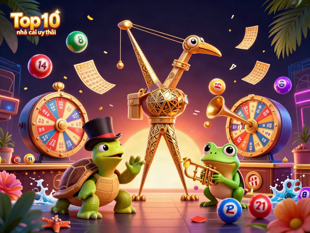 Top 10 nhà cái uy tín showcases vibrant casino activities with lively characters and dynamic elements.