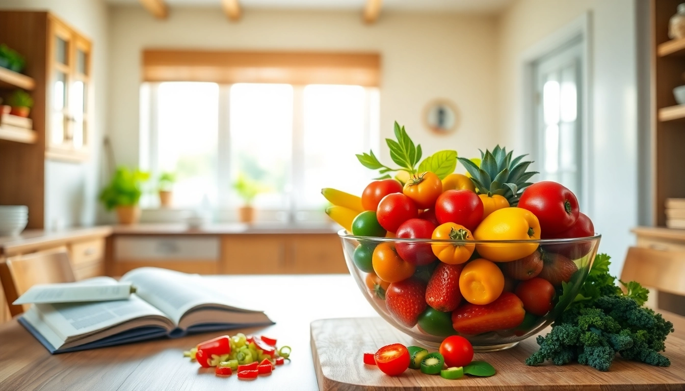 Promote Healthy Eating Habits with a vivid arrangement of fresh fruits and vegetables in a bright kitchen.