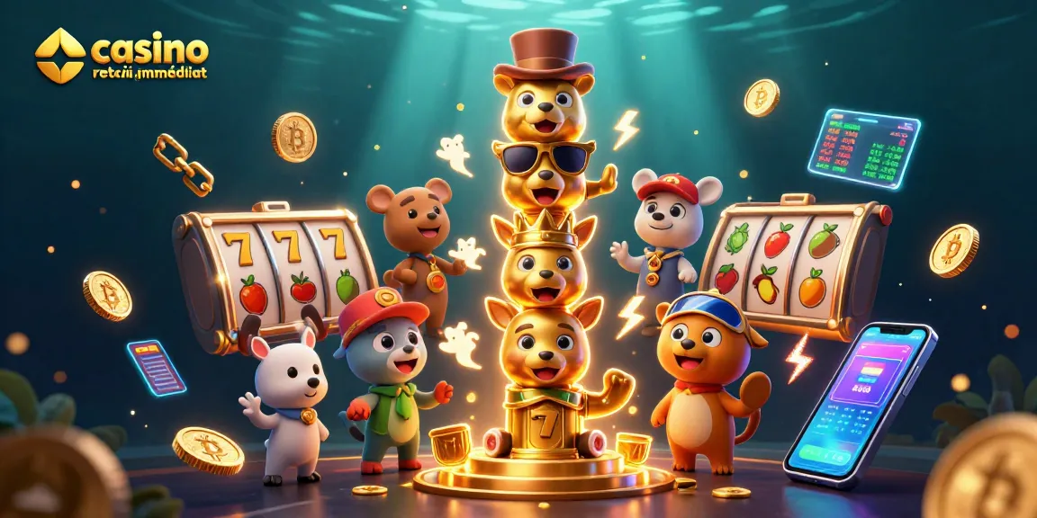 Découvrez l'univers du casino en ligne retrait immédiat avec ce totem animé et des éléments de jeux variés.
