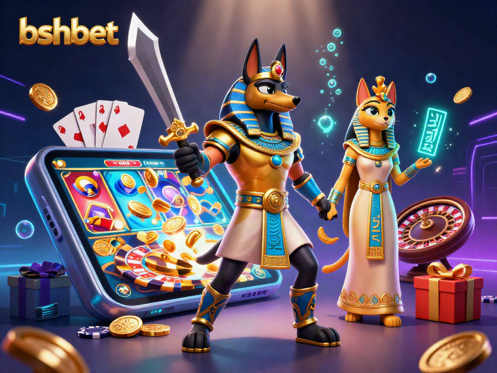 Experience thrilling slot action with bshbet in a packed 3D casino scene with Anubis and Bastet.