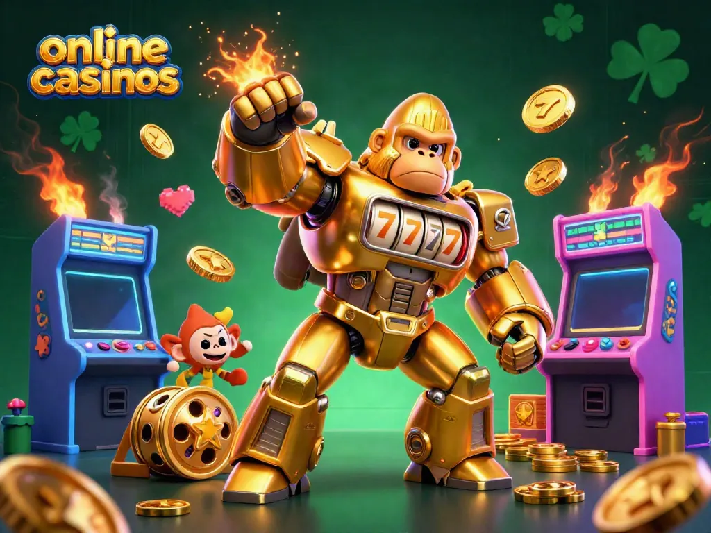 Immersive scene showcasing online casinos with a golden gorilla mech and dynamic gaming elements.