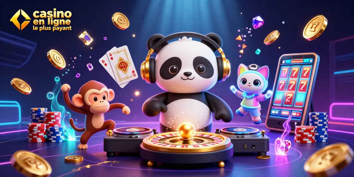 La scène dynamique d'un panda DJ dans un casino en ligne le plus payant, entouré de personnages colorés et de jeux dynamiques.