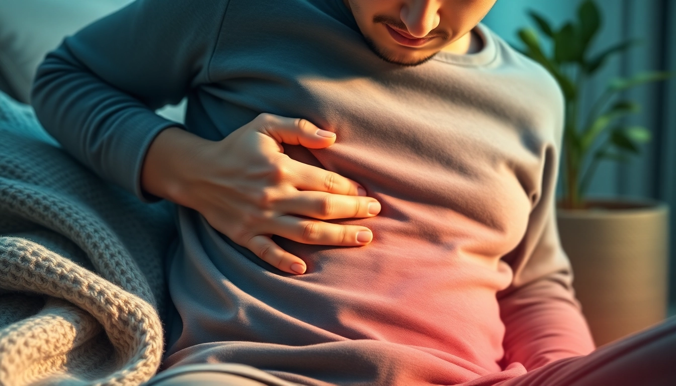 Anxiety stomach pain can feel like tight knots and cramping; illustrated scene shows a distressed person.