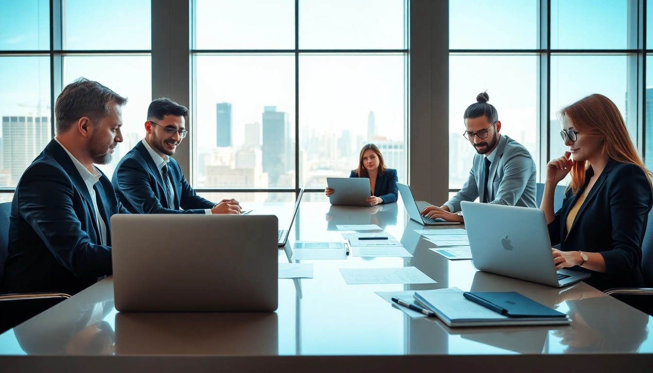 Engaging professionals discussing escrow services at a conference table in a financial office.