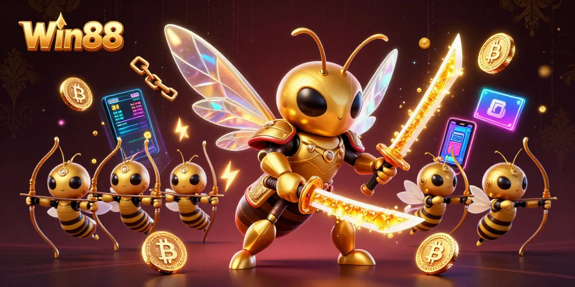 Win88 showcases a vibrant 3D casino scene with a golden hornet samurai and crypto elements.